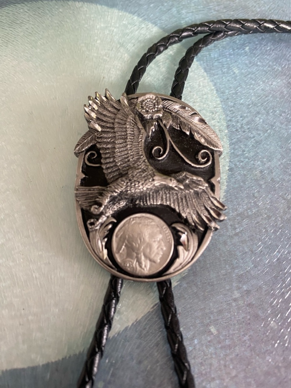 1995 Soaring Eagle and Buffalo Nickel Bolo Tie by Siskiyou Buckle Company